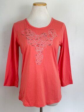 Chicos Top Size 0 NWT Coral Pink Beaded Embroidered 3/4 Sleeves Cotton/Modal